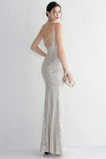 Srebrna Cekinowa Syrenka Sukienki Na Studniówke z Odkrytymi Plecami Z Rozcięciem